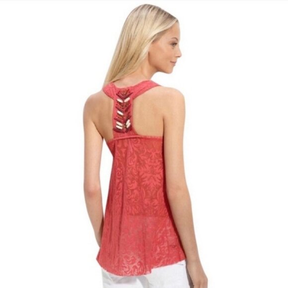 Free People rose colored lace beaded t-back tank top size small - Picture 1 of 7